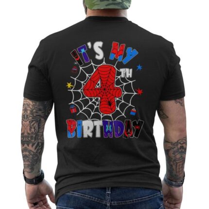 It's My 4Th Birthday Spider Theme Party Boys 4 Years Old Men's T-shirt Back Print